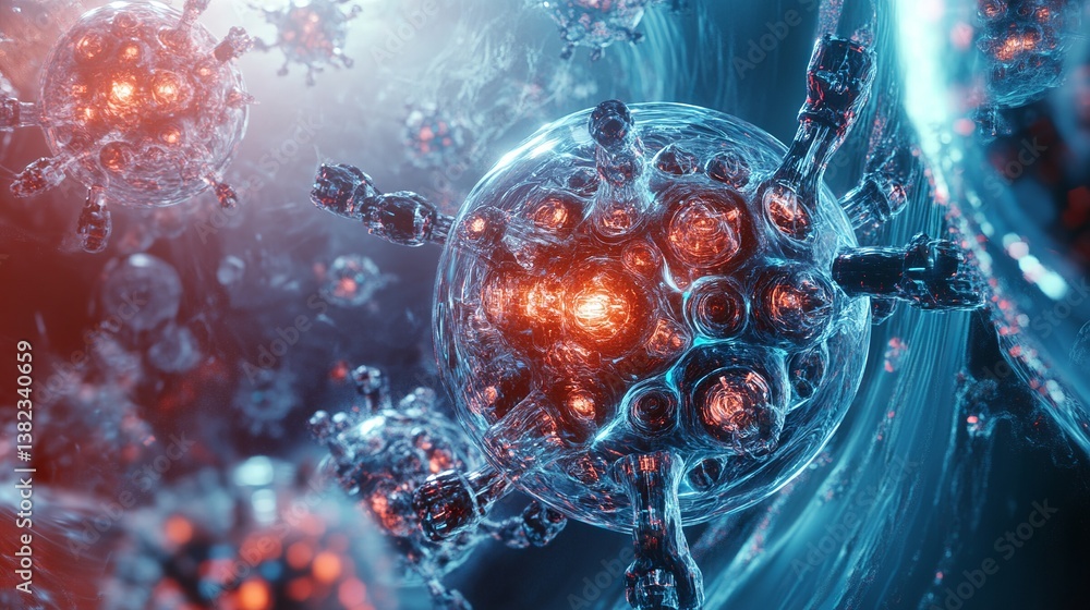 Poster close up view of multiple virus cells with orange and blue glowing lights in a microscopic view