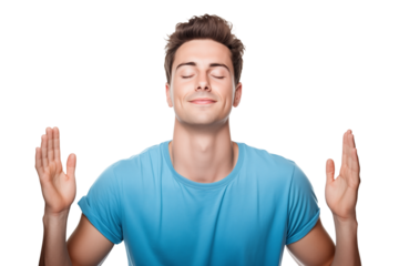 Man in blue shirt with eyes closed and hands raised in a relaxed pose on a  on transparent background png