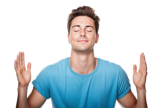 Man in blue shirt with eyes closed and hands raised in a relaxed pose on a  on transparent background png - Powered by Adobe