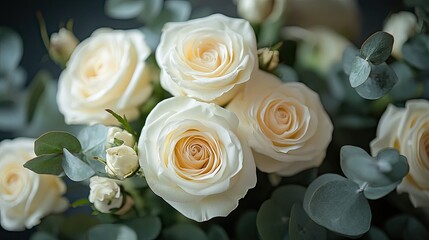 Obraz premium Watercolor floral arrangement featuring white roses and eucalyptus leaves