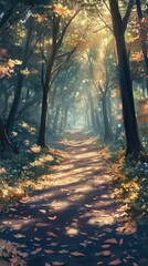 Fototapeta premium Enchanting forest trail bathed in the ethereal glow of autumn sunlight