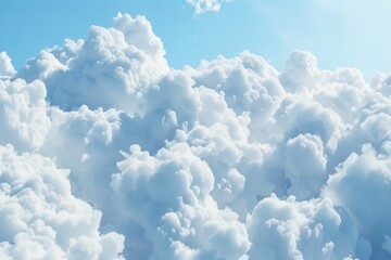 A close-up view of fluffy white cumulus clouds against a bright blue sky, Puffy, cloud-like texture with depth and dimension
