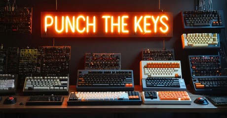Mechanical keyboards displayed. Bright neon sign reads PUNCH THE KEYS. Dark background, warm lighting. Collection showcases various designs, colors, keycaps.