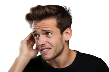 Man with hand to ear looking confused and listening intently against a  close up shot on transparent background png
