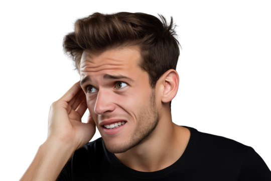 Man with hand to ear looking confused and listening intently against a close up shot on transparent background png