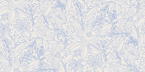 A seamless floral line-art pattern with delicate blue outlines on a light background. Ideal for wallpapers, textile designs, stationery, packaging, fabric prints, wrapping paper, greeting cards.