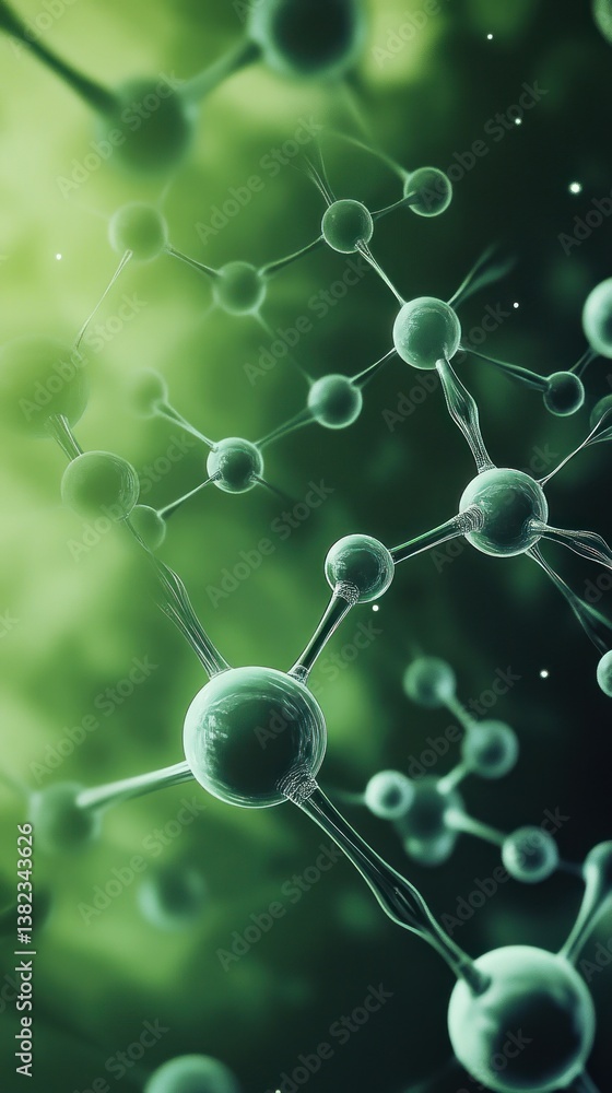 Poster green atom structure with connected molecules representing science concepts