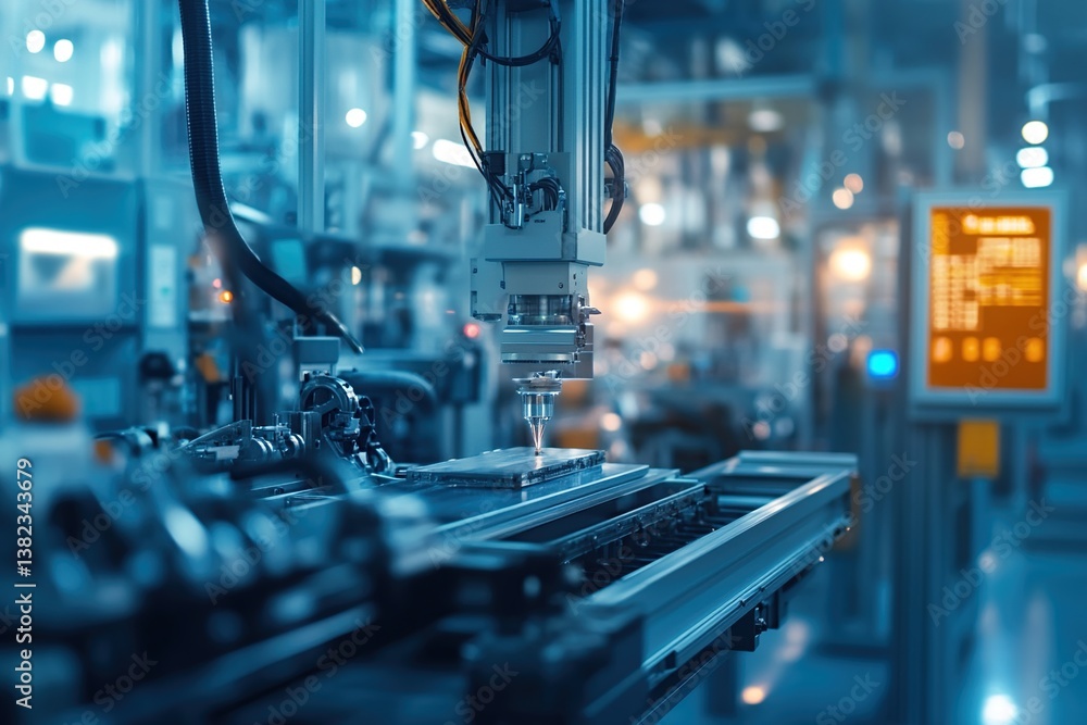 Poster automated manufacturing process: robotic arm in a modern factory
