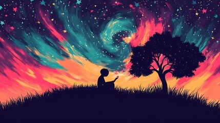 Starry Night Dreamscape Child Reads Underneath Cosmic Tree.