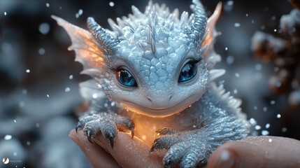 a cute baby snow dragon in someone's hands, delicate soft features with hints of frost