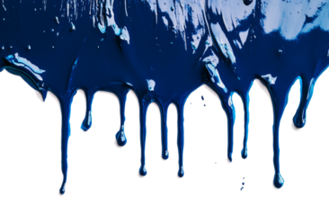 Blue paint dripping down a white surface, creating streaks and droplets. Focus on texture and color.