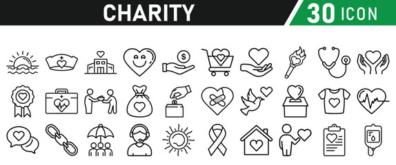 Charity and Donation icon set. Help, volunteer, donated, assistance, sharing and solidarity symbol. Liner icons vector collection for web.
