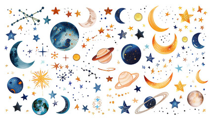 Watercolor-style illustration of planets, moons, stars, and constellations, showcasing a whimsical space theme on a white background.