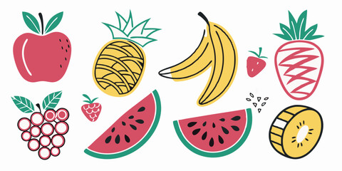 Colorful Cartoon Hand-Drawn Fruits Vector: Apple Pineapple Banana Strawberry Grapes Watermelon Kiwi - Healthy Summer Food