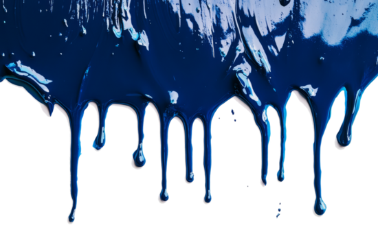Blue paint dripping down a white surface, creating streaks and droplets. Focus on texture and color.