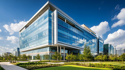 Fototapeta premium Sleek facade of modern glass office architecture reflecting the sky, Modern glass buildings with reflective facades set against a bright fluffy white clouds, Sustainable glass office building design.