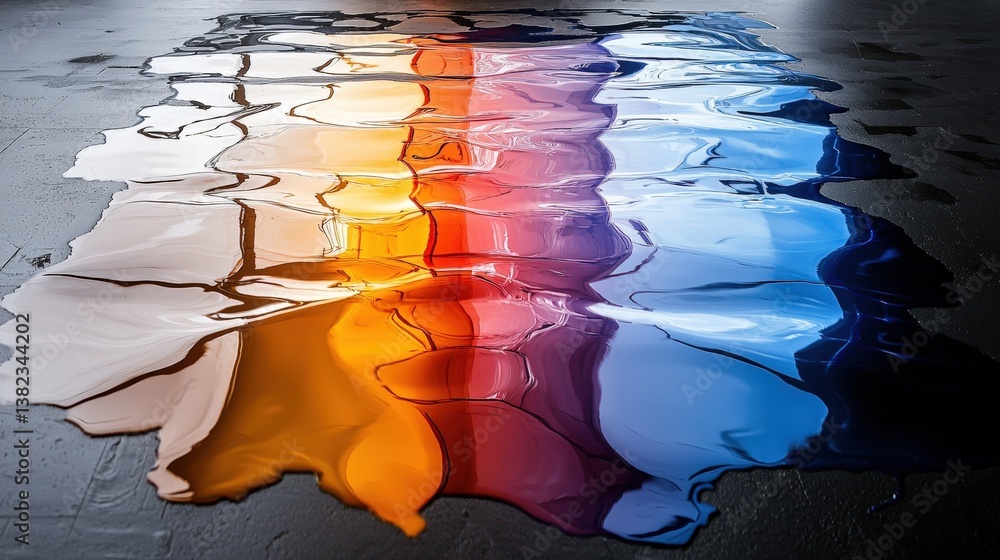 Poster a vibrant, reflective surface showing colorful patterns in shimmering water, creating an artistic in