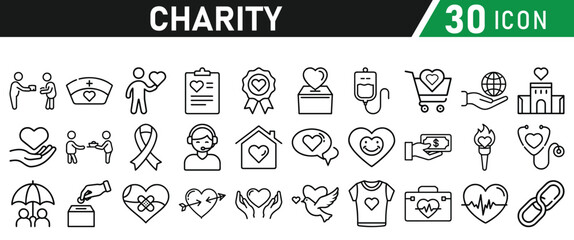 Charity and Donation icon set. Help, volunteer, donated, assistance, sharing and solidarity symbol. Liner icons vector collection for web.