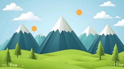 Serene Mountain Landscape With Green Meadow And Blue Skies