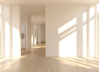 3D rendering of a modern interior design, a living room with a white blank wall mockup and a wooden floor, in a minimalist style home decor with natural light from the window