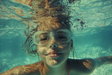 Child swim in the pool