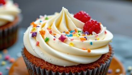 A creamy wave of whipped frosting, beautifully piped and adorned with sprinkles or fruit for added texture and color.