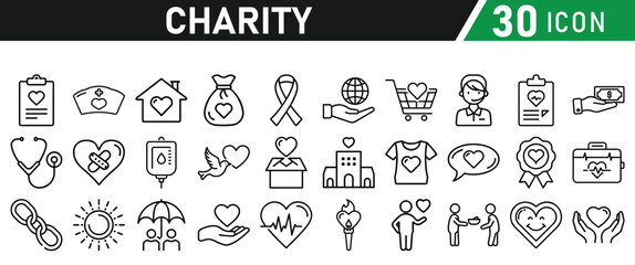 Charity and Donation icon set. Help, volunteer, donated, assistance, sharing and solidarity symbol. Liner icons vector collection for web.