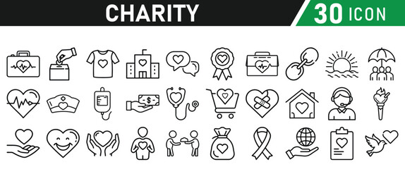 Charity and Donation icon set. Help, volunteer, donated, assistance, sharing and solidarity symbol. Liner icons vector collection for web.