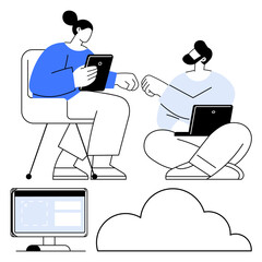 Two individuals exchanging ideas using tablets and laptops, with a desktop monitor and cloud icon. Ideal for teamwork, remote work, cloud computing, technology, data sharing, networking