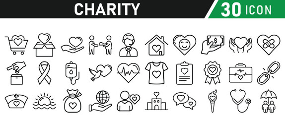Charity and Donation icon set. Help, volunteer, donated, assistance, sharing and solidarity symbol. Liner icons vector collection for web.