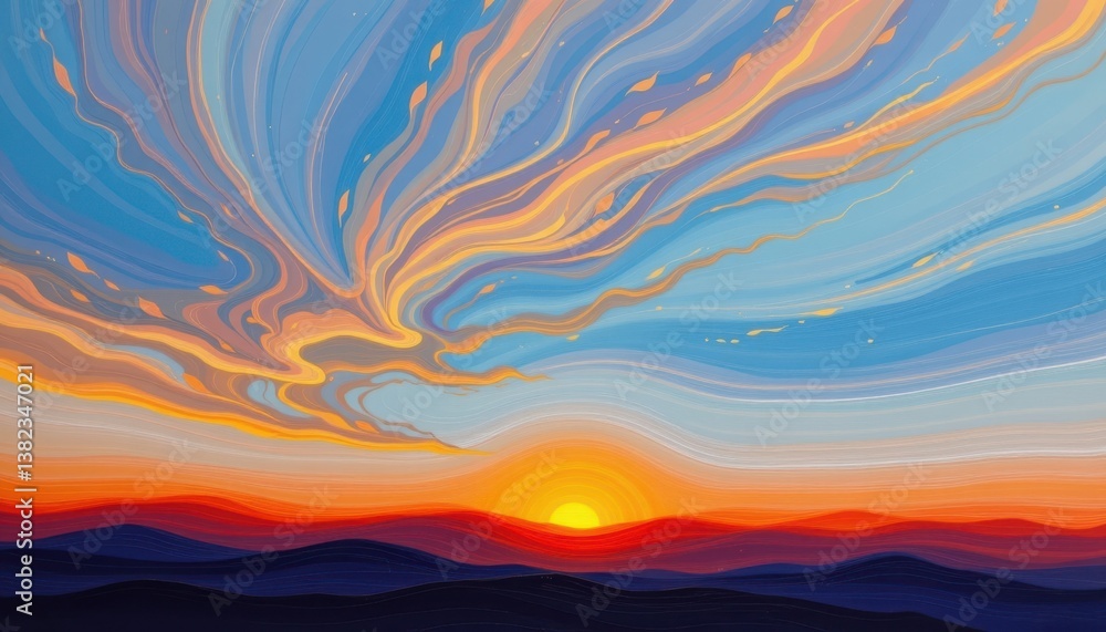 Poster an artistic interpretation of a sunset melting into the horizon, with colors smoothly transitioning 