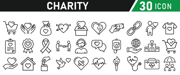 Charity and Donation icon set. Help, volunteer, donated, assistance, sharing and solidarity symbol. Liner icons vector collection for web.