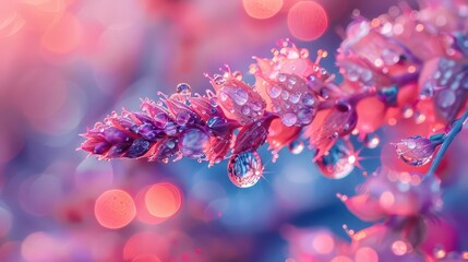 A close-up of a flower with water droplets, showcasing vibrant colors and a dreamy background.