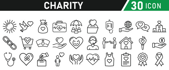 Charity and Donation icon set. Help, volunteer, donated, assistance, sharing and solidarity symbol. Liner icons vector collection for web.