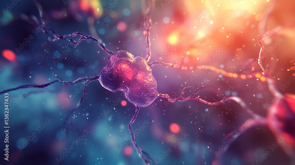 Poster a detailed close up of a neuron cell with dendrites against a colorful abstract background art