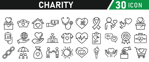 Charity and Donation icon set. Help, volunteer, donated, assistance, sharing and solidarity symbol. Liner icons vector collection for web.