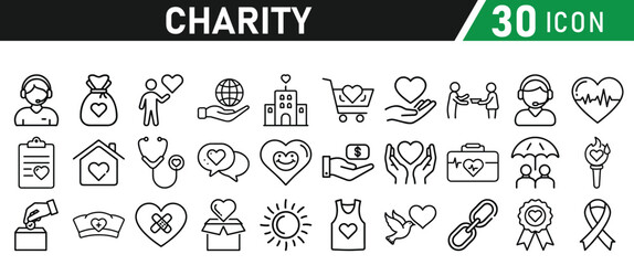 Charity and Donation icon set. Help, volunteer, donated, assistance, sharing and solidarity symbol. Liner icons vector collection for web.