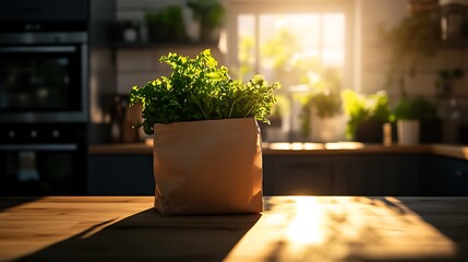 Sunlit Kitchen Fresh Herbs in Paper Bag.