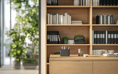 Blurred living room interior with a wooden desk and bookcase on a blurred background, a mockup for product display presentation in a modern home office work space design concept, 3D rendering