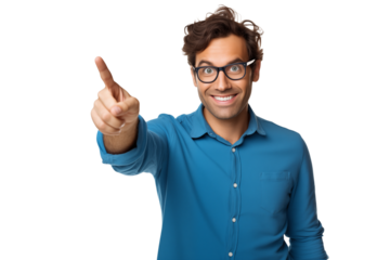 Man with glasses pointing with a smile wearing a blue shirt against a  looking forward on transparent background png