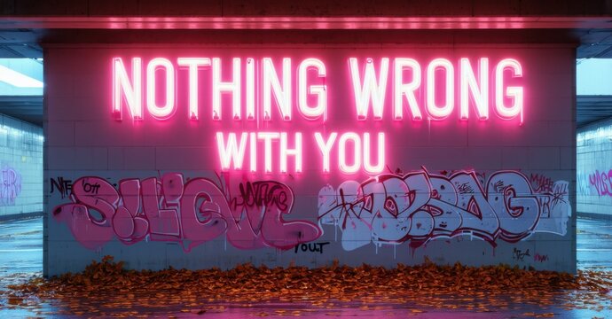 Warm pink neon message nothing wrong with you in bold font glowing in empty underpass with graffiti leaves and soft echoes of distant rain - Powered by Adobe