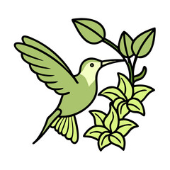 Obraz premium Hummingbird, Green, Floral, Nature, Bird, Wings, Flight, Leaves, Flowers, Design