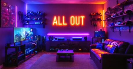 Bold glowing all out in orange and purple mounted on wall of basement gaming lounge with consoles shelves neon cables and light bloom
