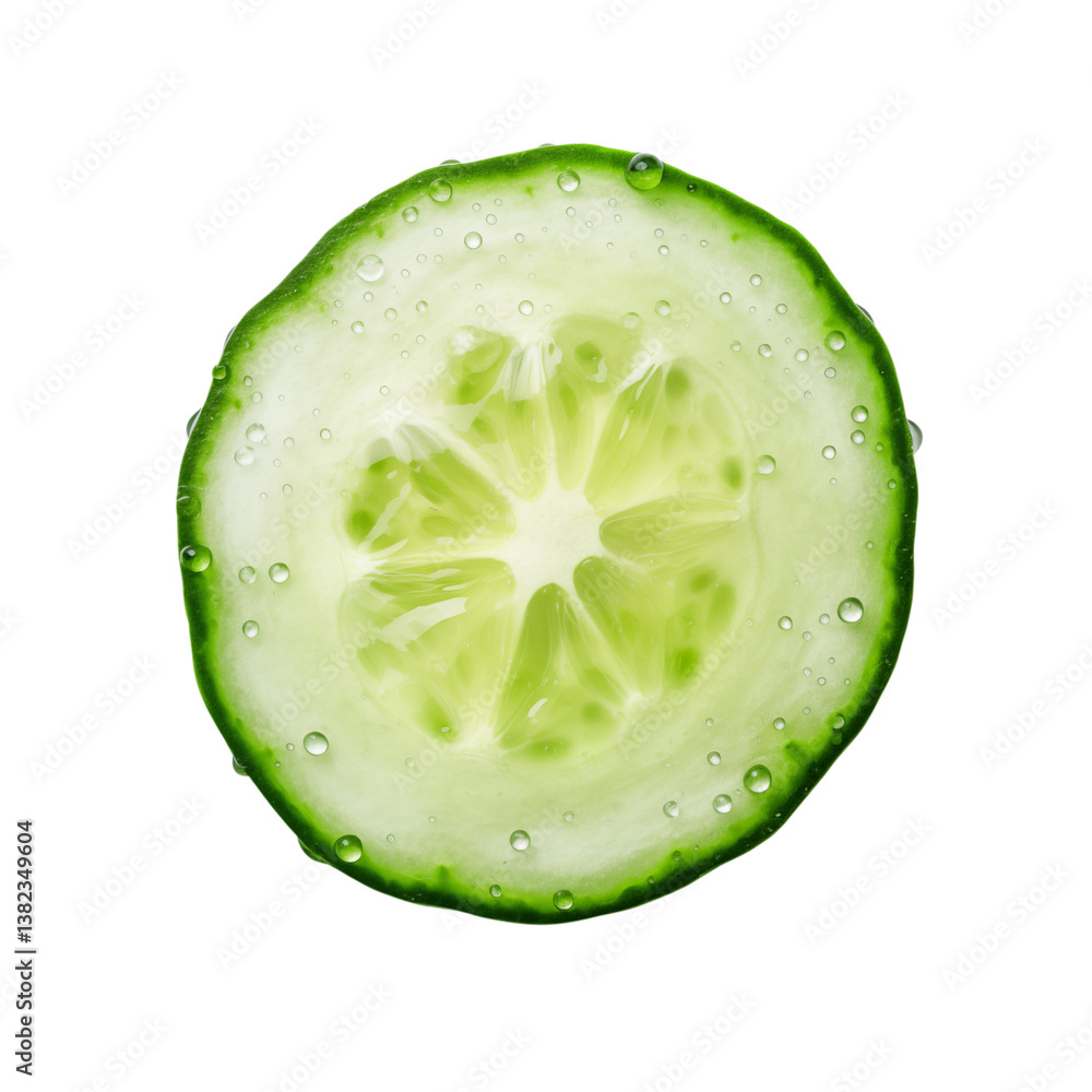 Poster a single slice of fresh cucumber with water droplets isolated on a black plain background view from 