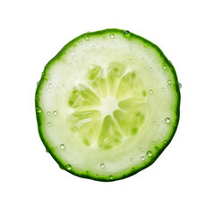 A single slice of fresh cucumber with water droplets isolated on a black plain background view from above on transparent background png