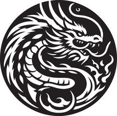Naklejka premium Abstract black round dragon in a circular form with ink splatter isolated on white background,