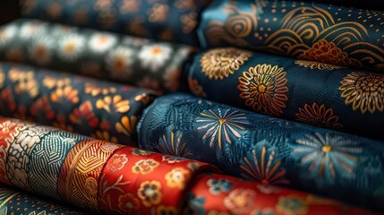 A collection of patterned fabric rolls showcasing intricate designs and vibrant colors.