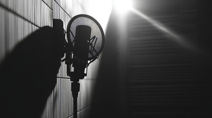 A microphone in a studio setting with dramatic lighting and shadow