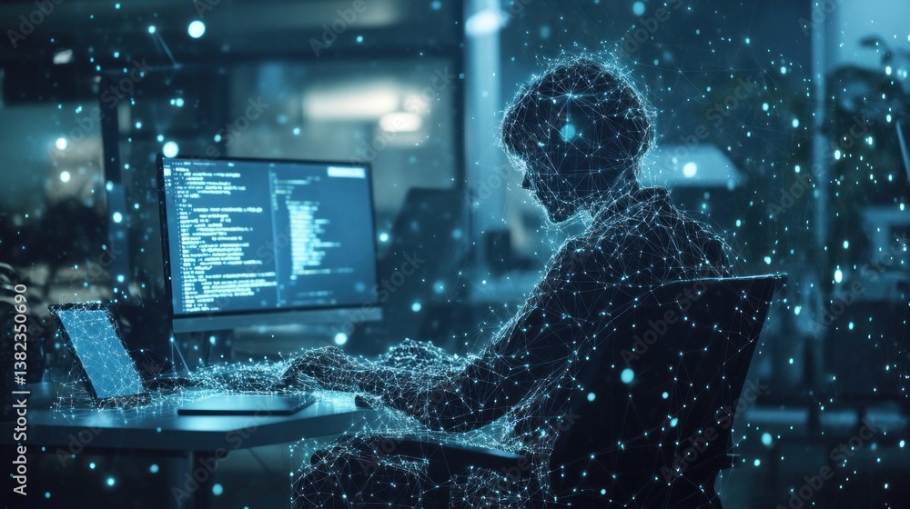 Aufkleber coding developer at night in a modern office