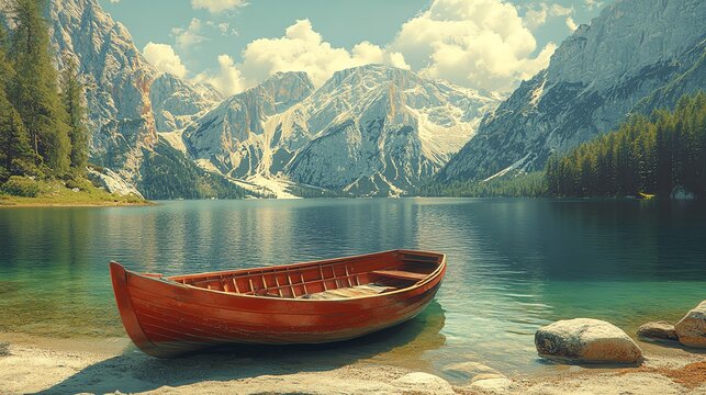 Serene mountain lake scene with a red rowboat gently resting on the shore, surrounded by majestic snow-capped peaks Perfect for travel brochures or nature documentaries - Powered by Adobe